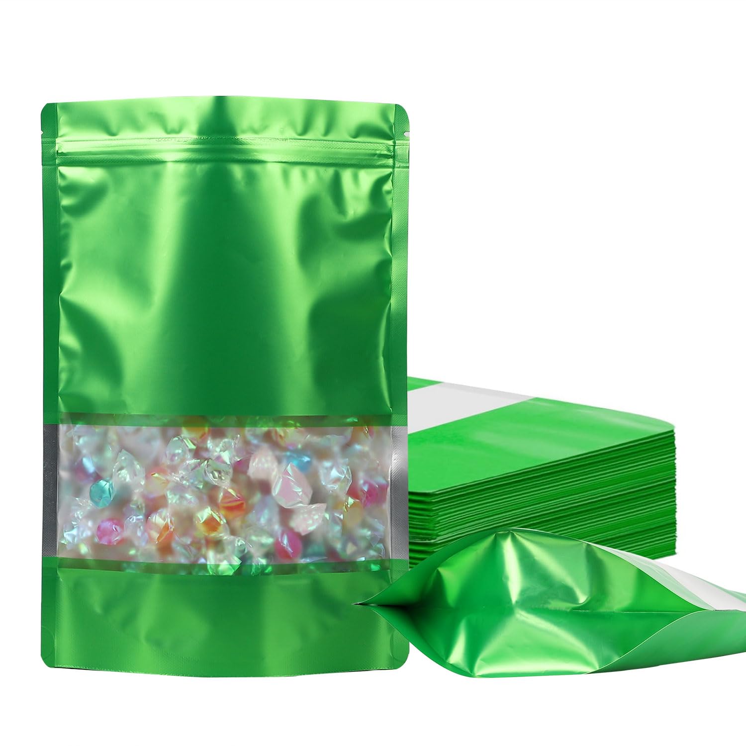 100 Pack Smell Proof Bags, Resealable Mylar Bags with Matte Window, Foil Pouch Stand-up Bags for Food Self Sealing Storage, Scratch Resistant Hand Storage Bags.(Green, 5.9×8.6 Inch)