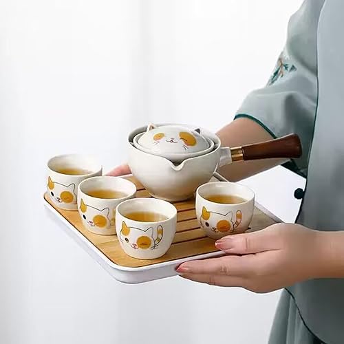 Miniatura 5 de Axurhui - Tetera mágica de gato, juego de té de viaje portátil de cerámica, tetera de rotación 360 e infusor, tetera mágica de gato lindo, juego de