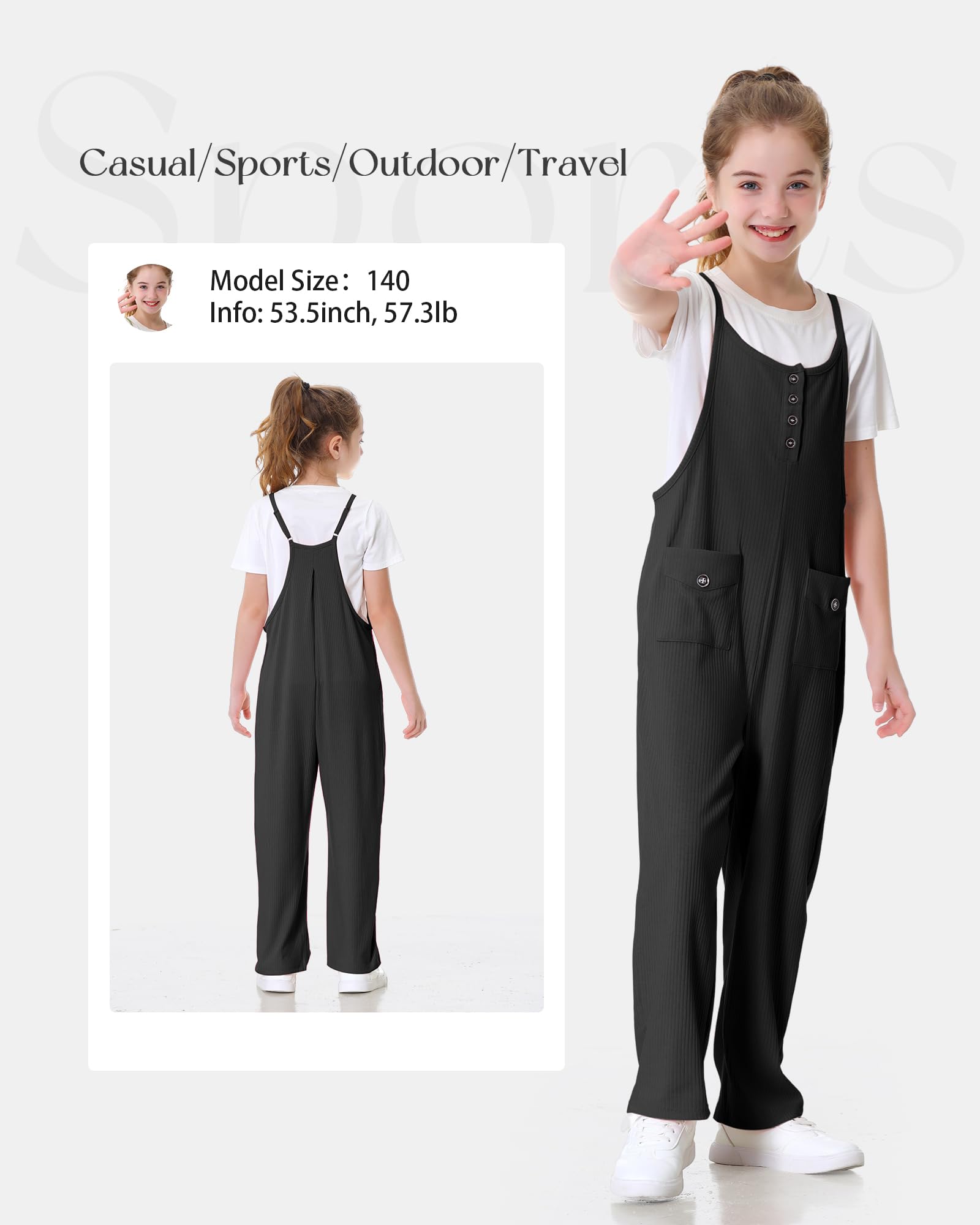 Rolanko Tute da Ragazza Salopette Senza Maniche Cinghie Regolabili Larghe Pagliaccetti Pantaloni Lunghi con Tasche per Bambini