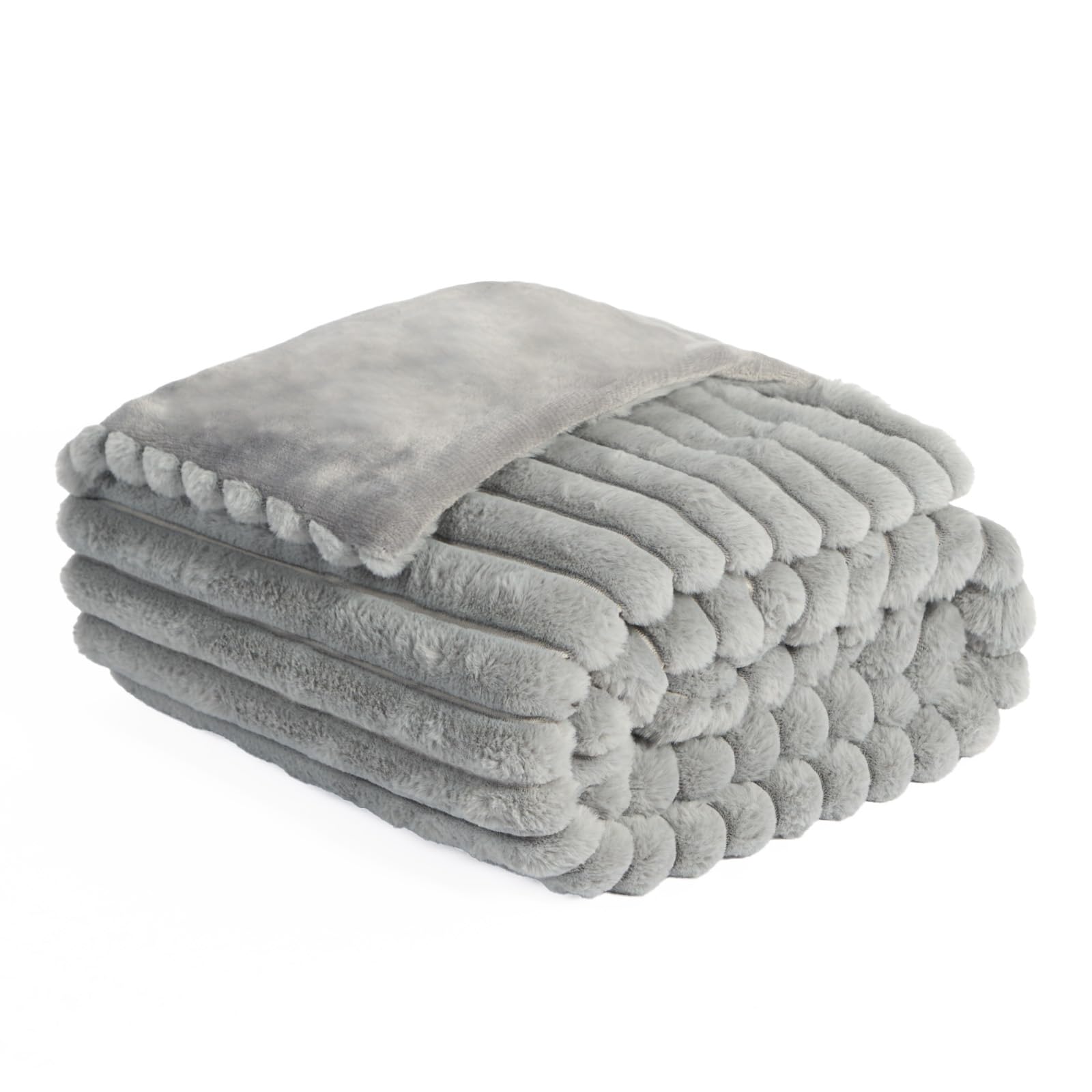OHS Faux Fur Ribbed Fleece Throw Blanket Light Grey