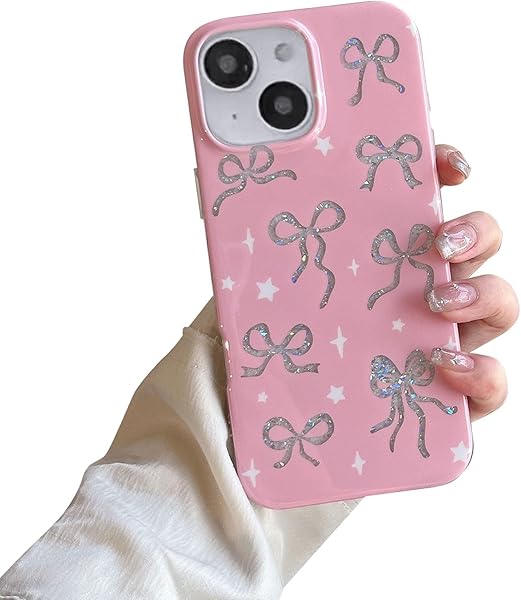 Fycyko Bow Phone Case for iPhone 14/13 Case Pink Cute Glitter Bowknot Aesthetic Girly Women Design Glossy Shockproof Protective Cover for iPhone 13/14