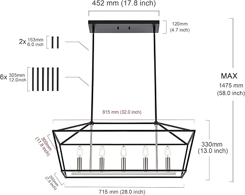 Miniatura 2 de MELUCEE Iluminación colgante de isla de cocina, 5 luces, lámparas de comedor de granja, lámpara lineal de 32 pulgadas en negro y acabado de níquel