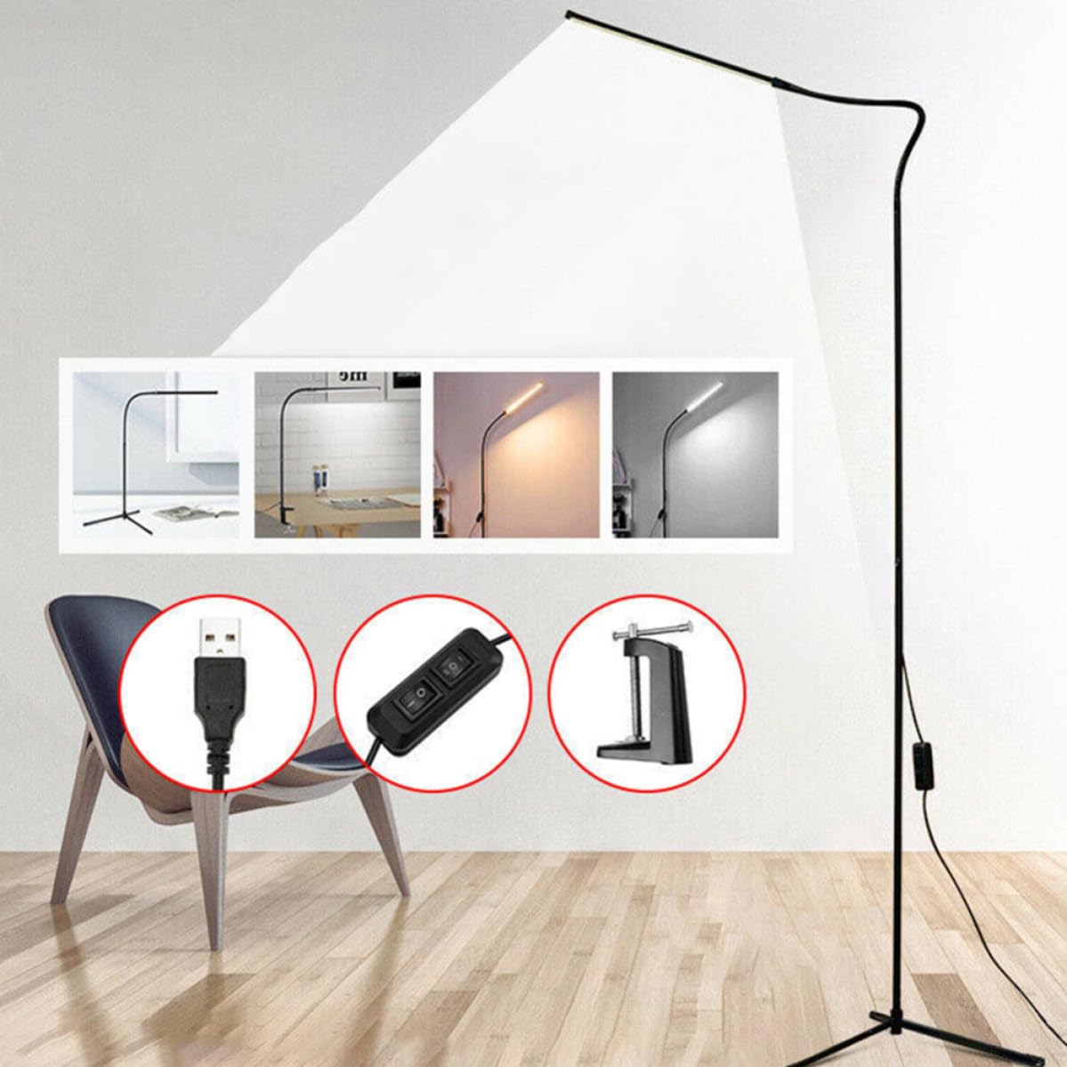 Lámpara de Lectura Negro LED Regulable con Clip, Brazo Largo | Alimentación Usb, Aluminio E Hierro, 1 Juego, Diseño Flexible para Escritorio y Cama