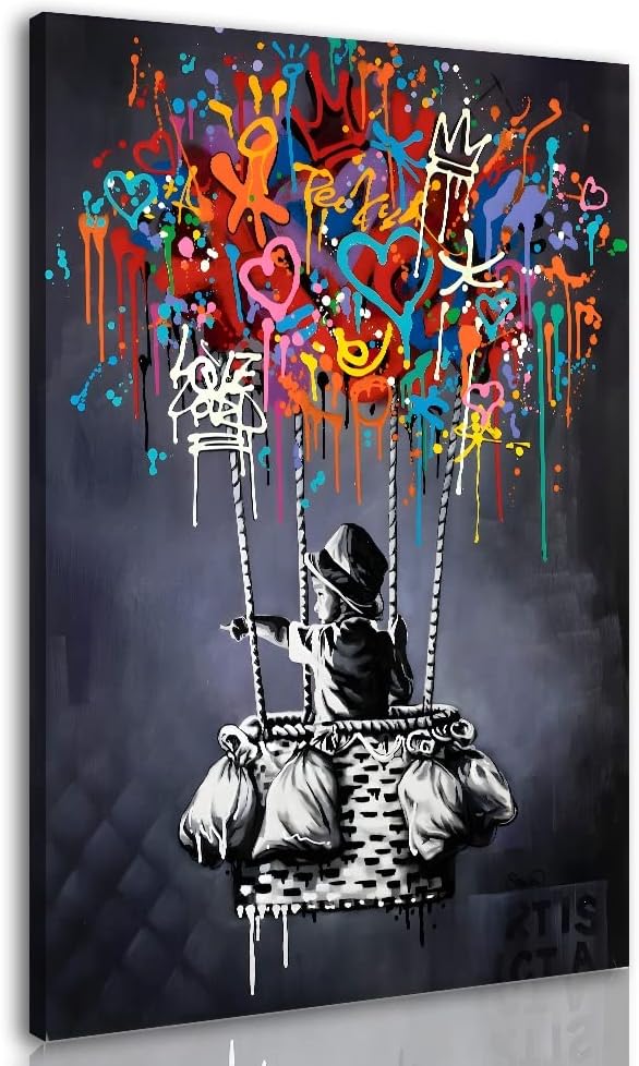 Framed Banksy Street Graffiti Wall Art Decor Large Abstract Pictures Canvas Painting Prints Colorful Modern Contemporary Poster Artwork Stretched for Wall Home Bathroom Bedroom Living Room Ready Hang 24"L x 16"W Framed Decor Art-01