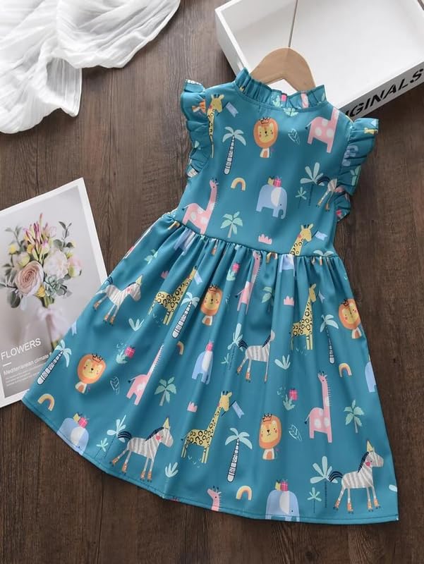 PAMBERSTON Baby Girl's Lycra Frock with High Round Neck Half Sleeves Animal Printed Pattern Knee Length and Regular Fit Blue 1