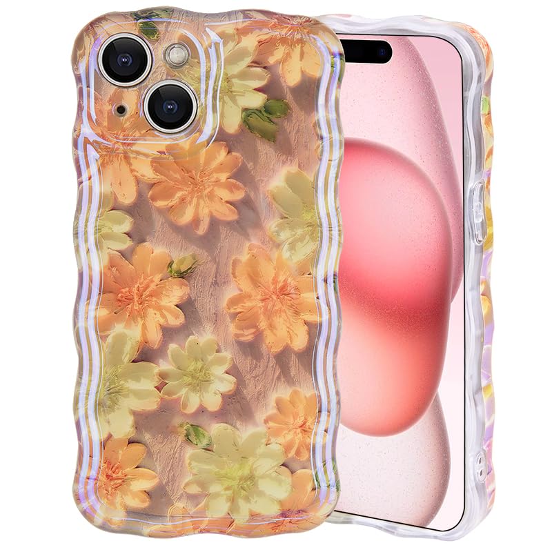IDweel Case for iPhone 13, Luxury Colorful Retro Oil Painting Printed Flower Glossy Pattern Cute Curly Wave Edge Exquisite Phone Cover Stylish TPU
