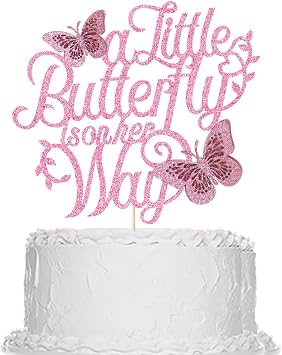Sleyberoy Pink Glitter "A Little Butterfly is on her Way" Cake Topper - Baby Shower Gender Reveal Decor for Butterfly Theme Party, Girl Baby Shower Cake DecorationPink