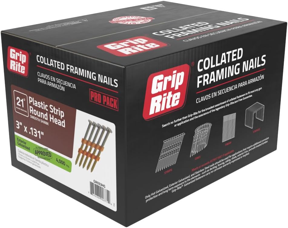 Grip-Rite GR033HG, 21-degree RH HG Plastic Strip Collated Fasteners, 3" x .131 Hot Galvanized Smooth, 4,000 Nails, Industrial-Grade