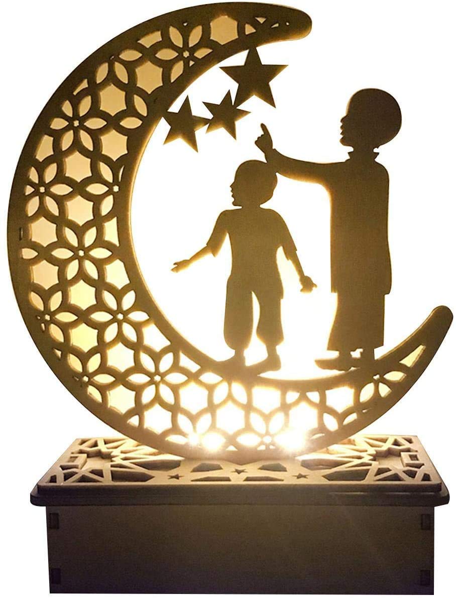 OfferMax Ramadan Eid Mubarak Ornaments Wooden Moon Shape Night Light Ramadan LED Muslim Ramadan Table Light Crafts Eid Ramadan Wooden Light Eid Mubarak Decorations Moonlight Moon Lamp (Style B)
