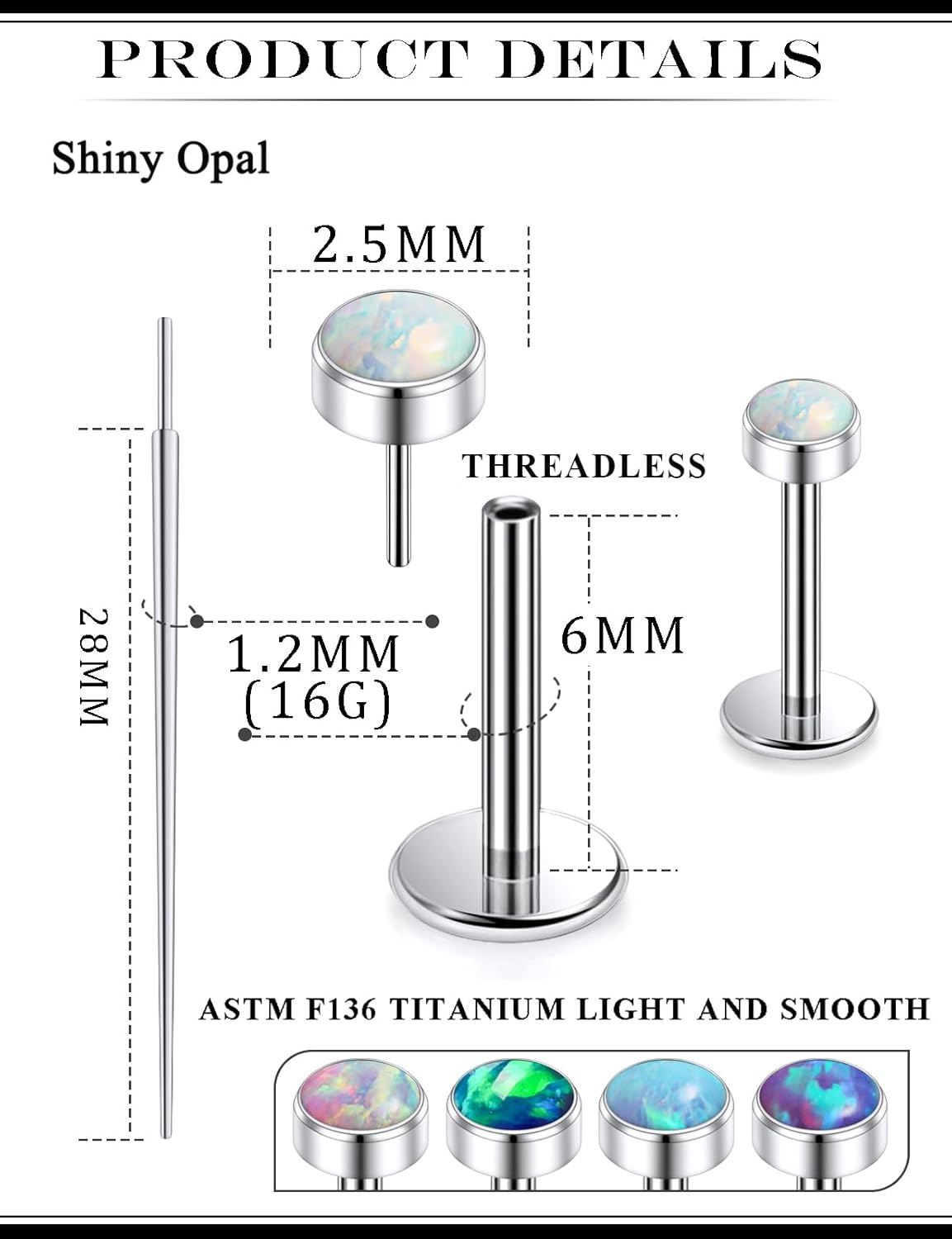 20G 18G 16G Astm F136 Titanium Threadless Flat Back Earrings Nose Studs Tragus Helix Conch Cartilage Lobe Earrings Medusa Labret Snake Bite Monroe Lip Ring Piercing Jewelry For Women Men - Image 2