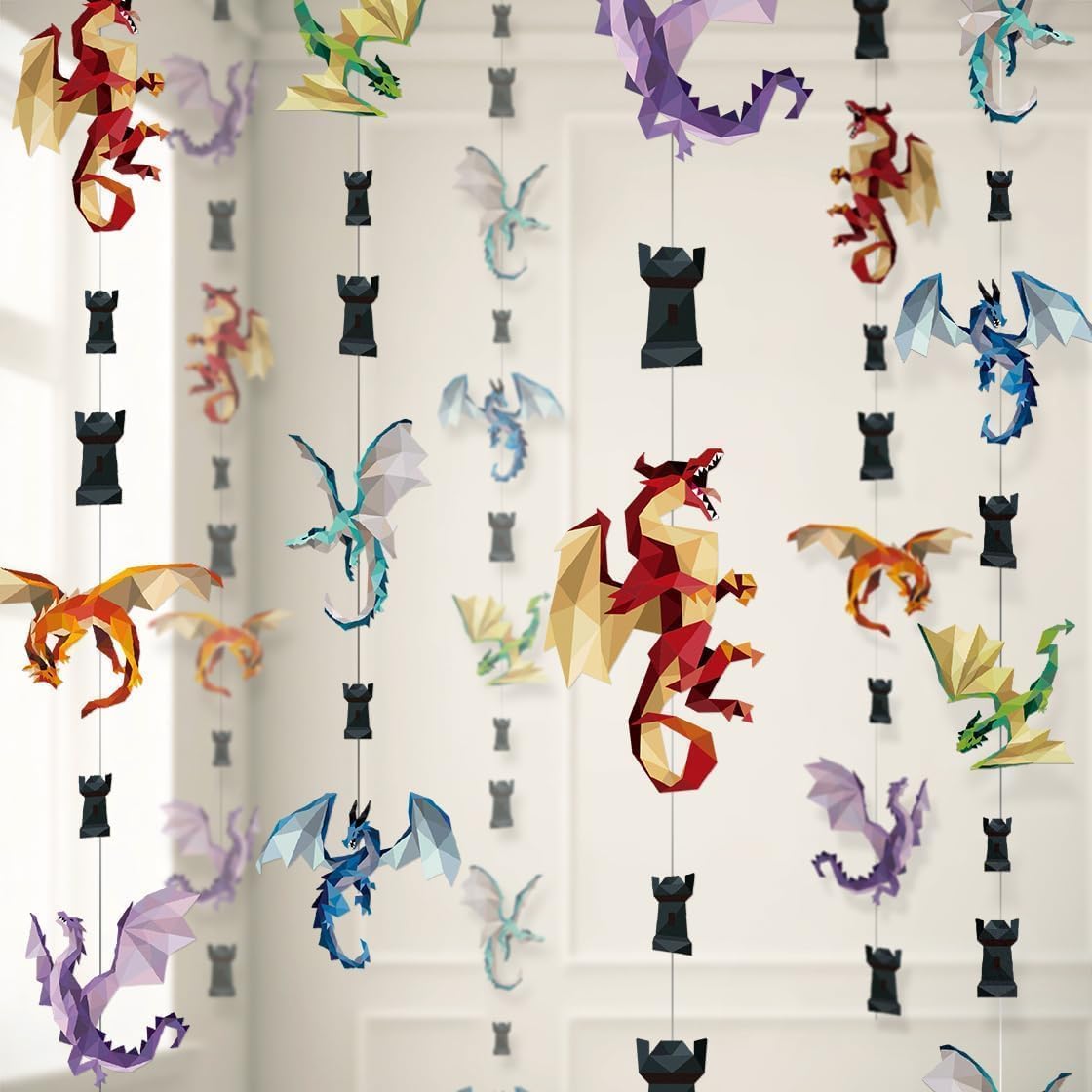 Cheerland Dragon Party Decorations Dragon Garland Medieval Hanging Decorations Medieval Party Decor Castle Birthday Decoration Geometric Fantasy Fire Wings Banner Renaissance Theme Backdrop 6Pcs