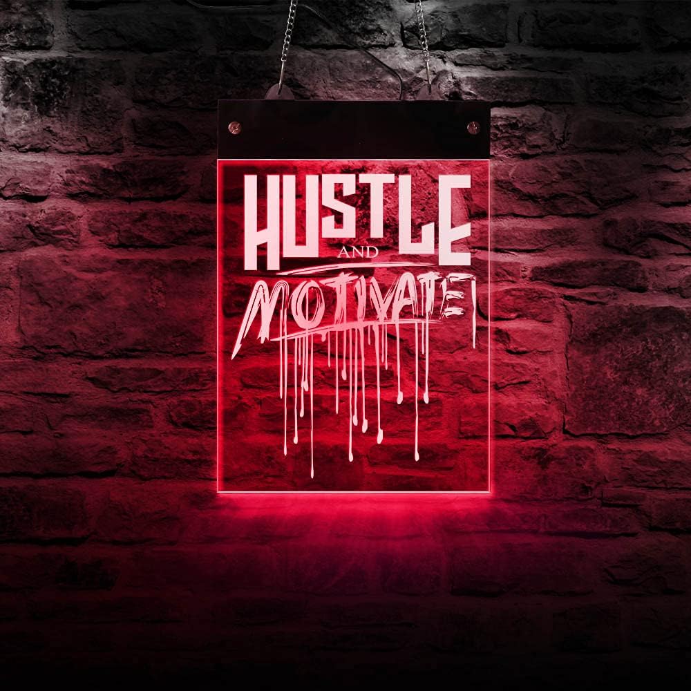 The Geeky Days Hustle And Motivate Bloody Word LED Muti Color Lighting Neon Sign Board Hip Hop Rap Lyrics Light Up Wall Art College Cubicle Office Dorm Home Decor(15.74 x12inches)