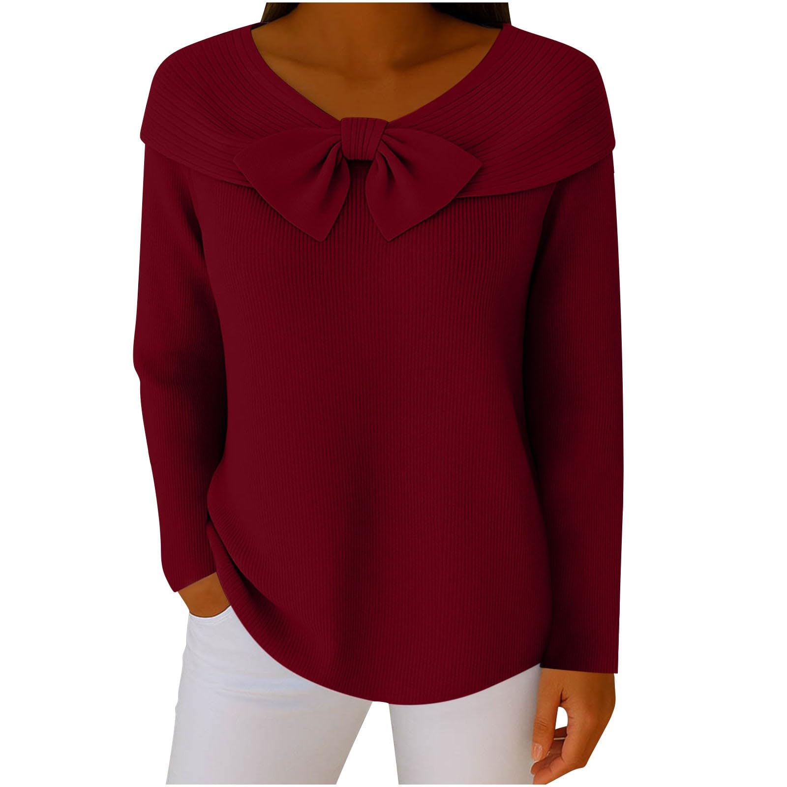 Christmas Sweater for Women Bow Knot Plus Size Crewneck Pullover Holiday Dressy Casual Sweaters Comfy Soft Knitwear