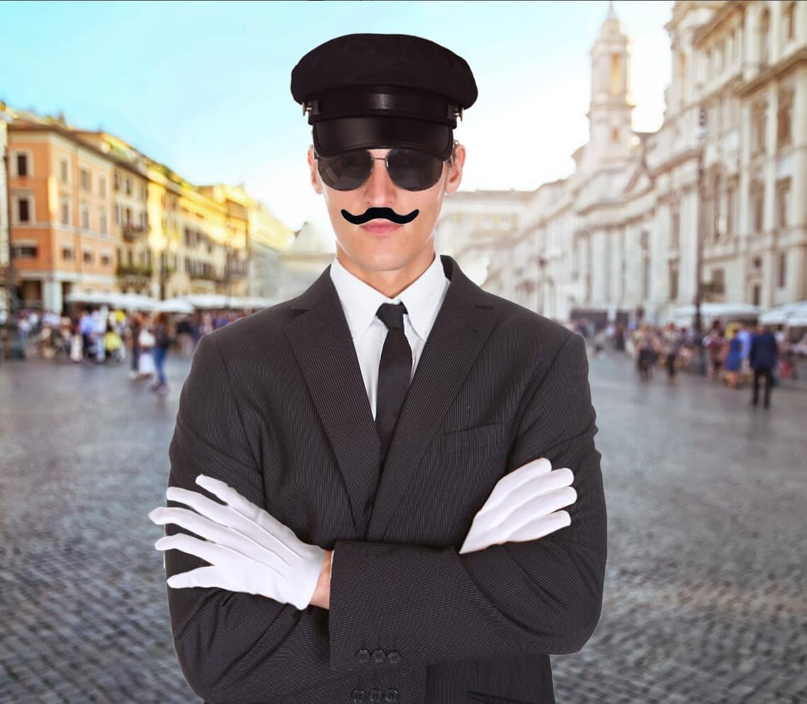10Pcs Chauffeur Costume Accessories Set Black Limo Driver Hat, Taxi Driver Gloves, Black Necktie, Fake Mustache, Beard & Glasses for Halloween Party Cosplay - Image 4