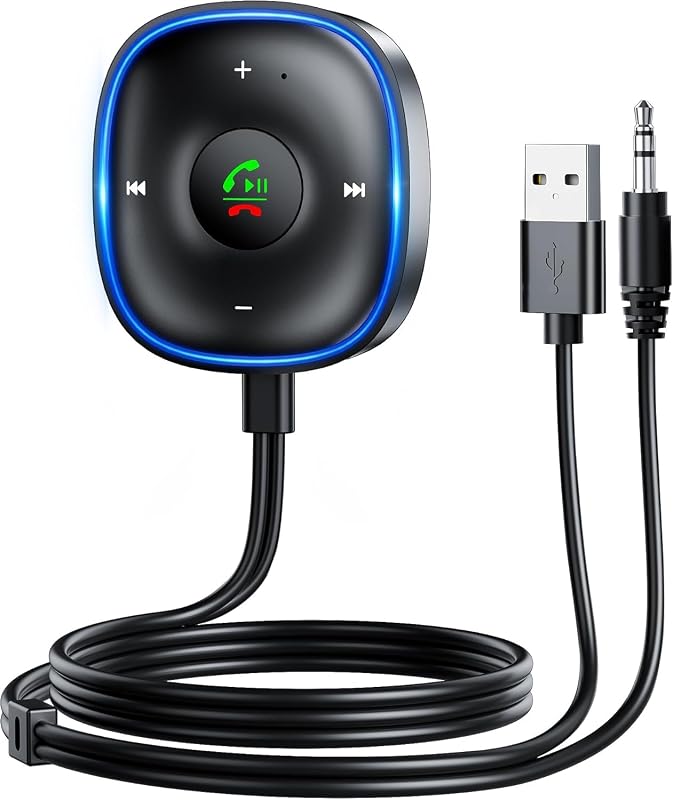 Adaptador auxiliar Bluetooth 5.3 para auto, receptor Bluetooth SONRU para auto [conexión dual y cancelación de ruido de micrófono], adaptador auxiliar con Plug-and-Play para música/llamadas manos libres/audio estéreo
