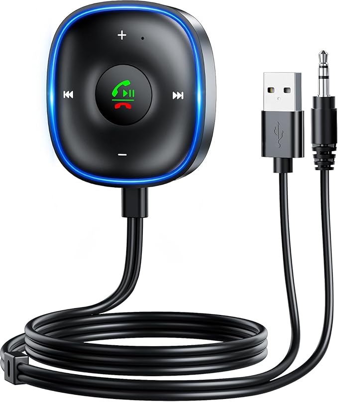 SONRU Bluetooth 5.3 Aux Car Adapter product image showing a compact black device with a multi-function button and LED light.