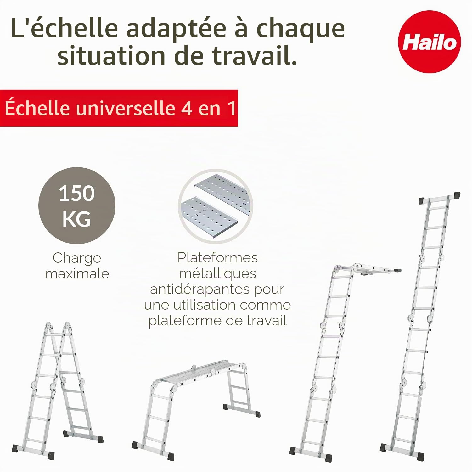 Hailo Échelle Universelle M60 en Aluminium - 4 x 3 échelons - Charge maximale : 150 kg - Échelle Polyvalente utilisable comme Plate-Forme de Travail antidérapante, échelle Simple, escabeau - 6