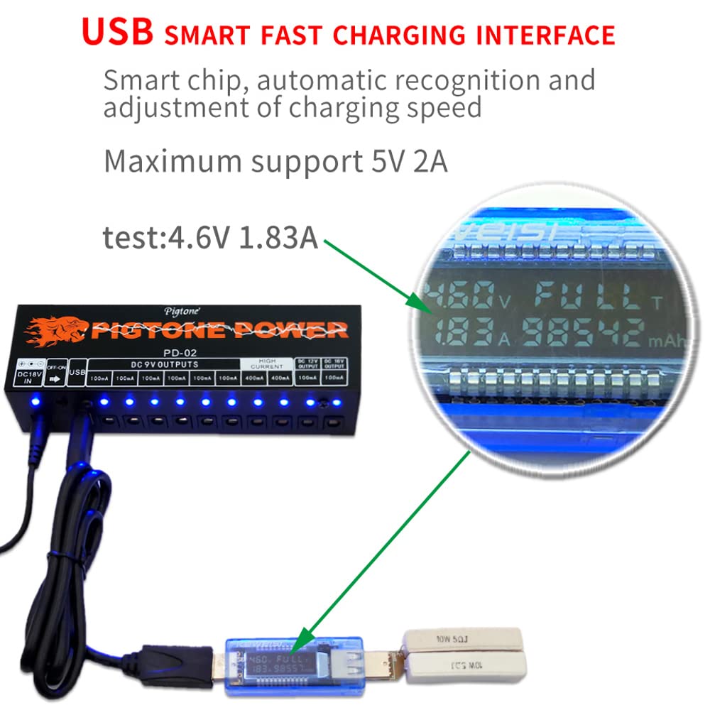 Fuente de alimentación de pedal de guitarra 10 salidas de CC aisladas para pedal de efecto 9V/12V/18V con puerto USB PD-02