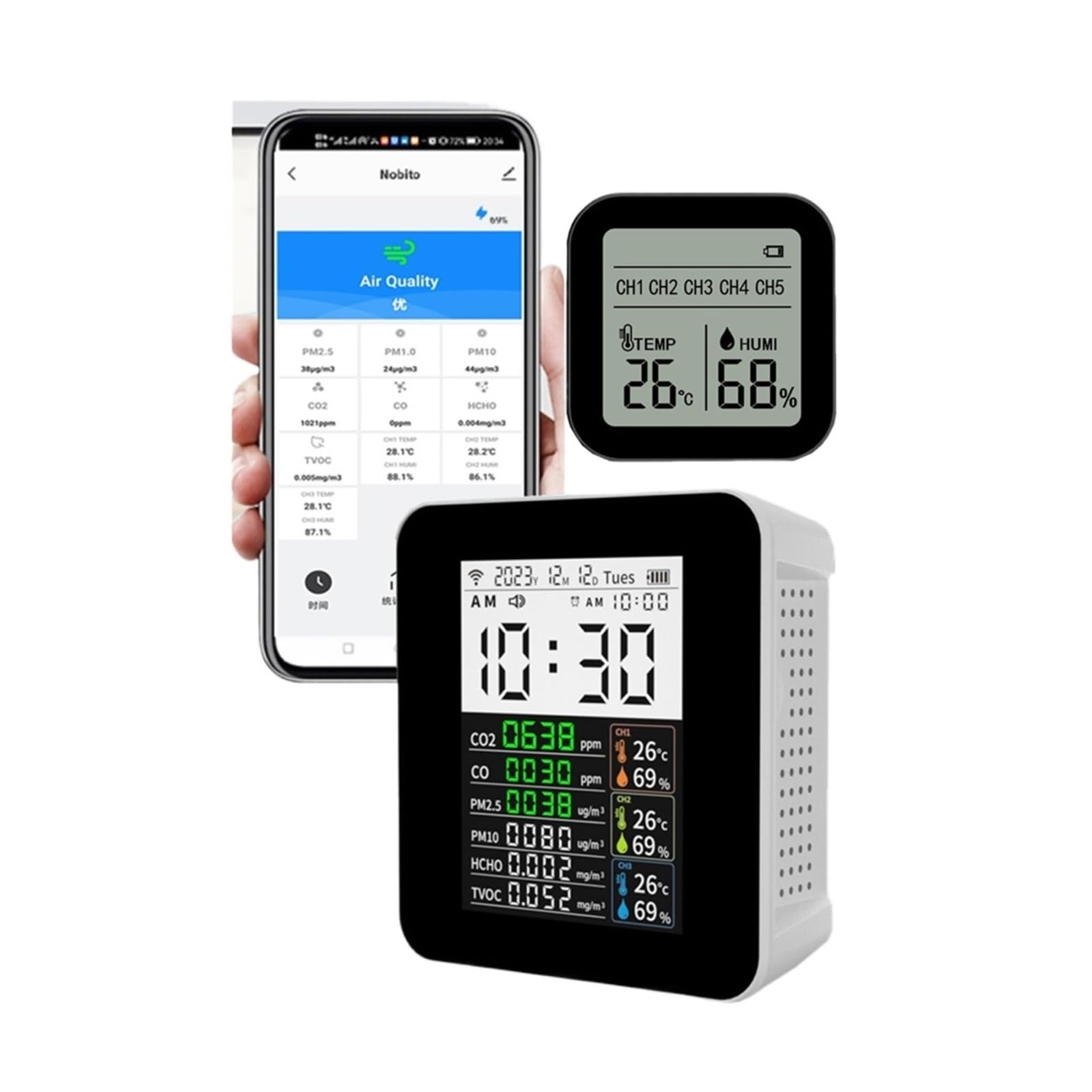 Estación Meteorológica, Monitor de calidad del aire intelinte 16 en 1 con wifi, CO2, CO2, TVOC, HCHO, PM2.5 y PM10, y estación meteorológica intelinte inalámbrica con temperatura y humedad.((with 1 Se