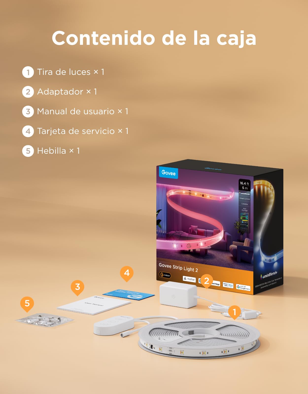Govee Tira LED 2, 5m RGBWWIC LED WiFi con LuminBlend+, Tira Inteligente | Funciona con Matter, Alexa y Asistente de Google, Tira LED protegida, 100+ Modos de Escena, Sync de Música, Control por App