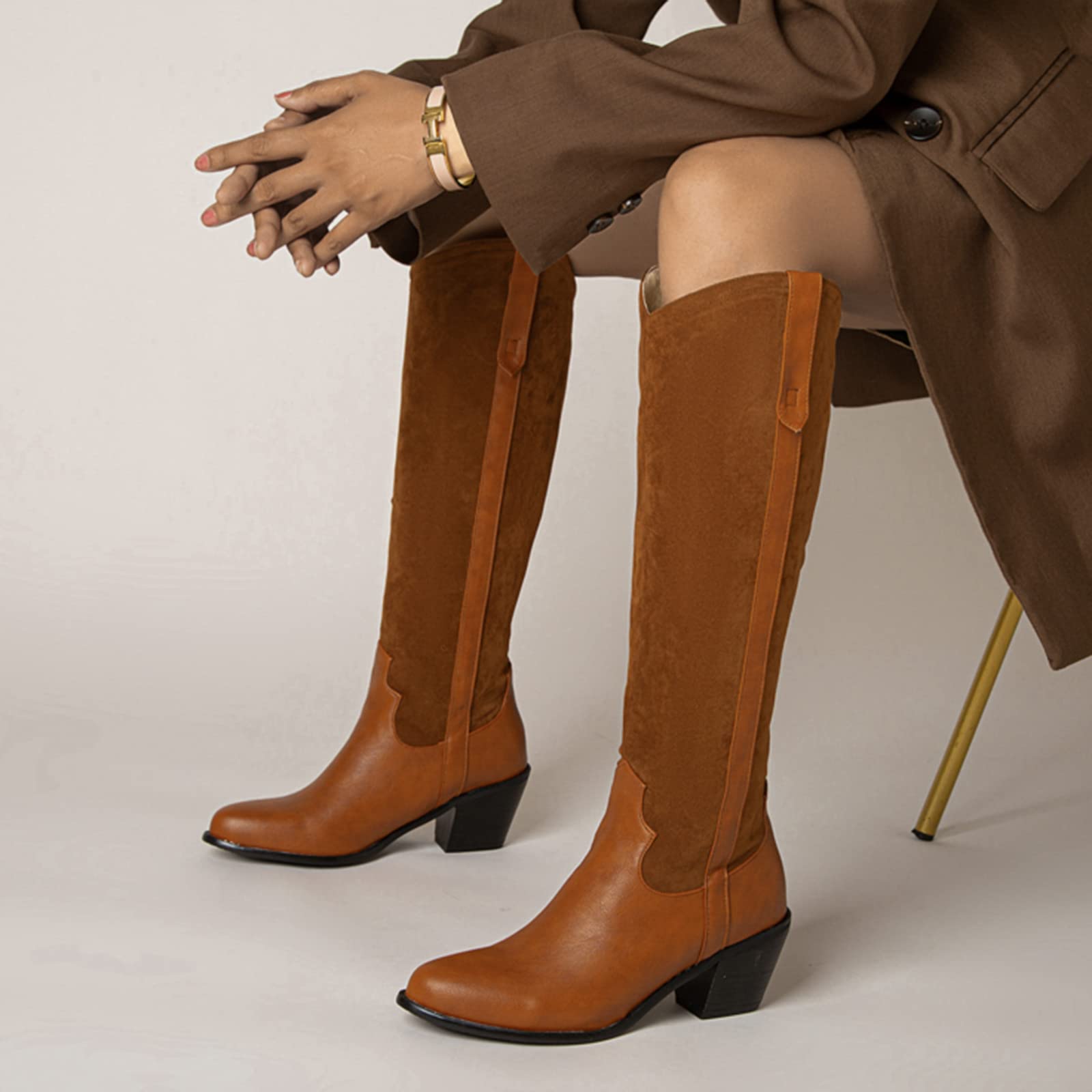CUTEHEELS Damskie buty typu casual Slip-on Western do kolan wysokie buty z chunky obcasem i szpiczastym noskiem, żółty1, 43 EU