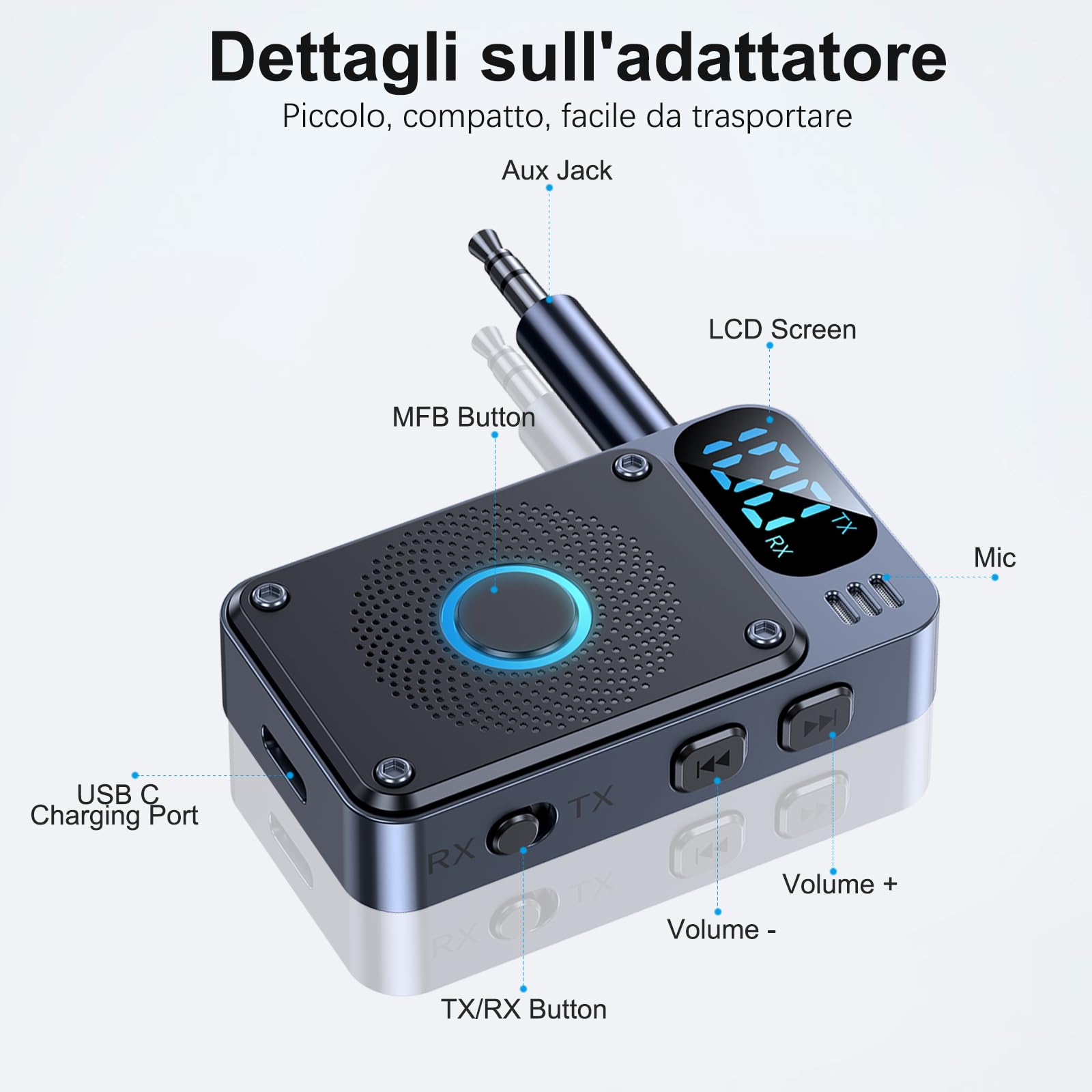 Adattatore Bluetooth V5.4 per TV audio su cuffie, trasmettitore 2 in 1, con jack AUX 3,5 mm e 14 ore di riproduzione