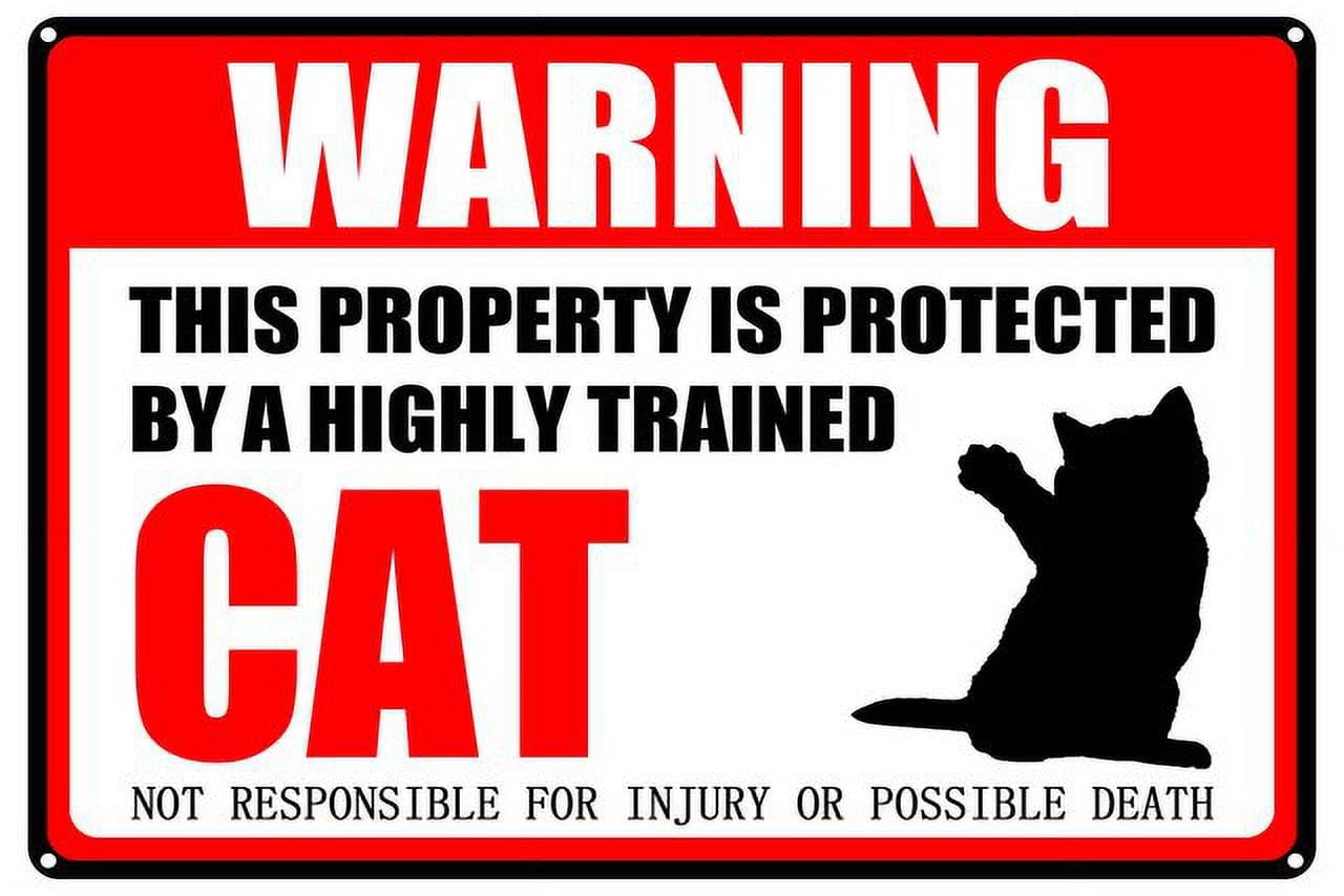 peiyeety Cat Warning Aluminum Metal Sign Pet Gift,This Property is Protected by Highly Trained Sign 12X8 Inch