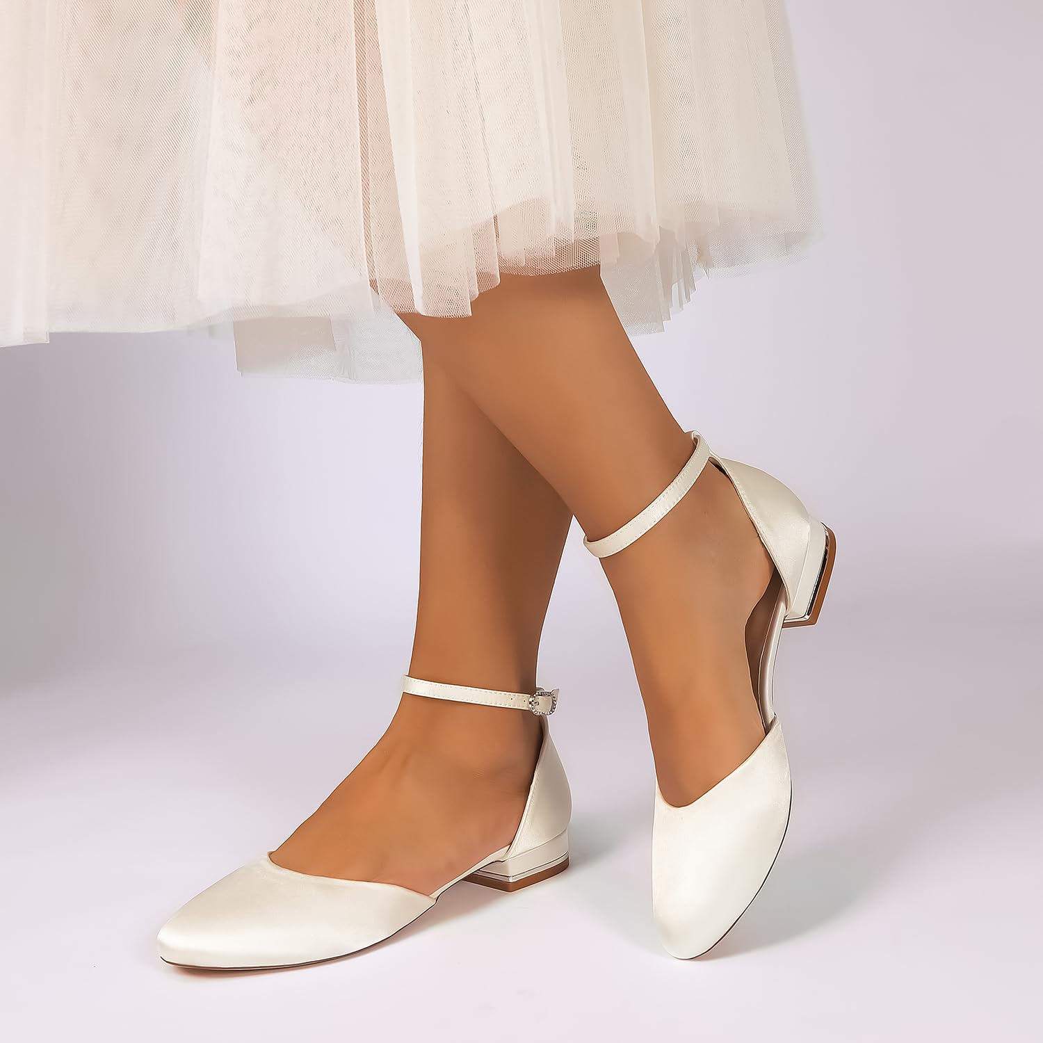 Ballerine Mary Jane in Raso Bianco Donna, Scarpe da Sposa a Punta Tonda con Cinturino alla Caviglia e Taglio D'Orsay, Eleganti Scarpe Basse da Cerimonia