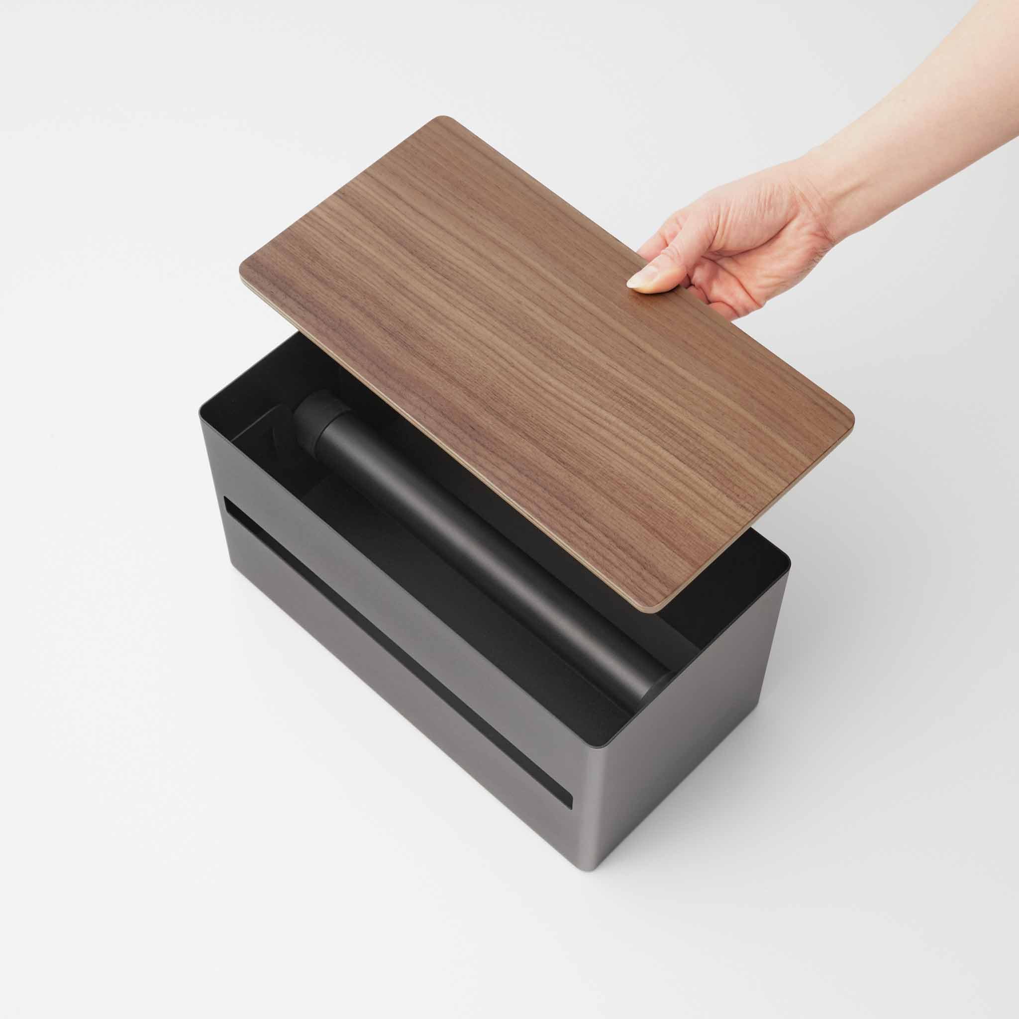Yamazaki 1644 RIN Kitchen Paper Towel Holder, black, Steel/Wood/Silicone, 31.2 x 16.2 x 17 cm