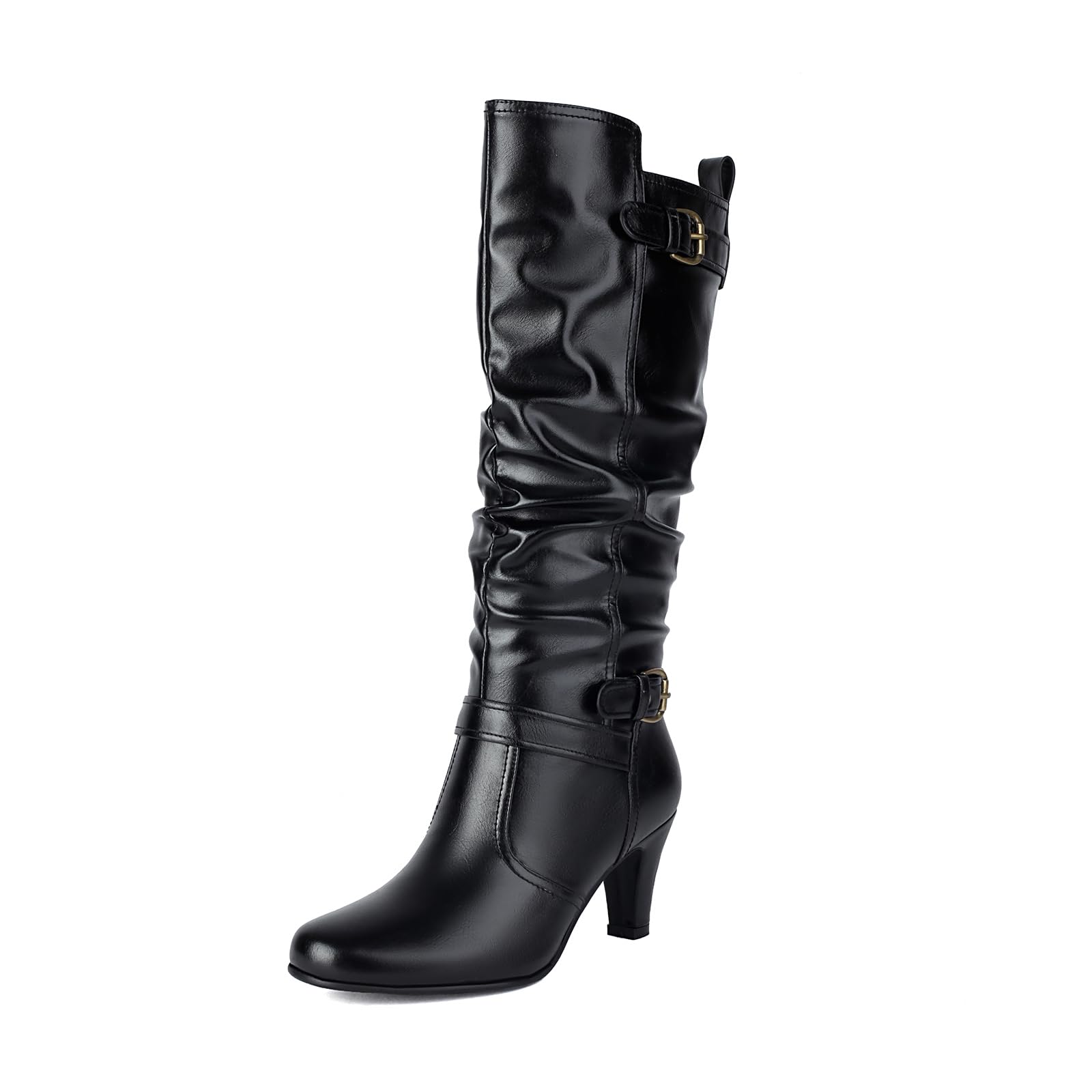 UTIKLIOU Womens Knee High Boots Wide Calf Slouchy Boots Low Heel Pull On Round Toe