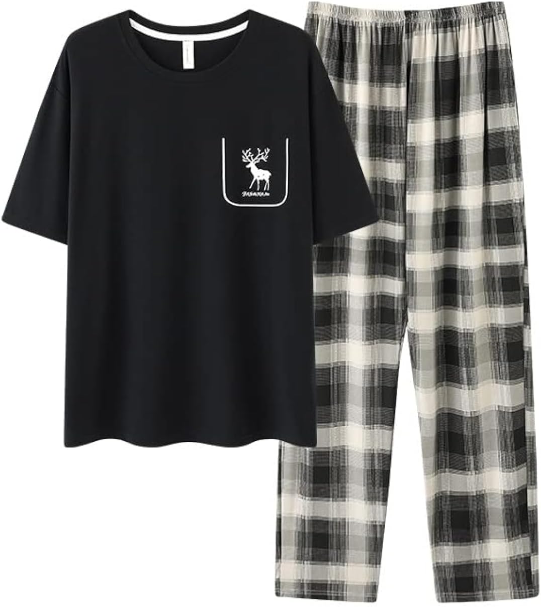 CrownsneyMens Satin Pajamas Set Button-Down Cotton Sleepwear Button-Down Pajamas Set Short Sleeve V Neck Sleeve Shirt