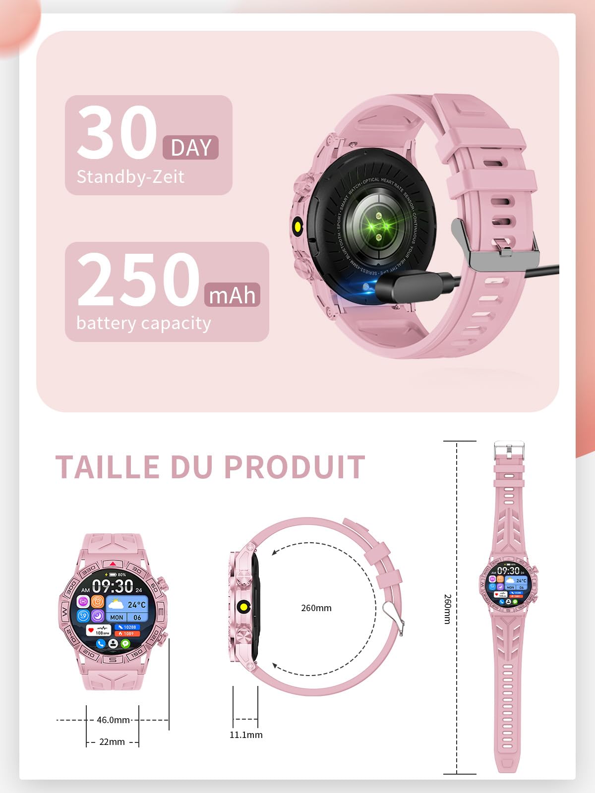 Smartwatch Hombre Mujer 1.43" HD Smartwatch con Llamadas Whatsapp, 1ATM Impermeable, 107+ Modos Deportivos, Seguimiento del sueño, cardíaco para Android iOS (KC80-Pink)