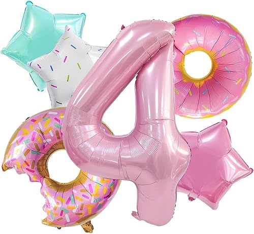 Decoraciones de cumpleaños en forma de dona, 6 globos de Dokuna en forma de dona, decoraciones de 4 cumpleaños para niñas, globos gigantes de