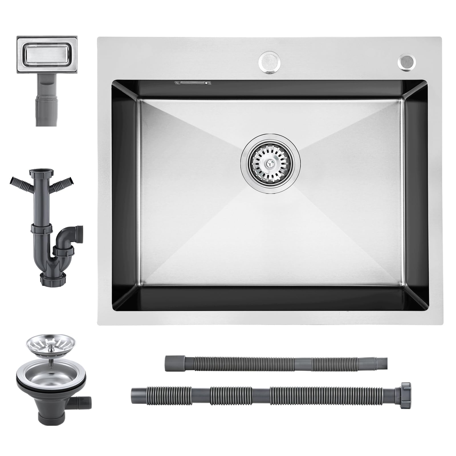 Lavello 60 x 50 cm, KEOKBON Nanoargento Lavello Cucina Acciaio Inossidabile 1 Vasca, lavello in acciaio inossidabile con foro per rubinetto, Lavello Cucina incl. filtro di scarico e istruzioni di