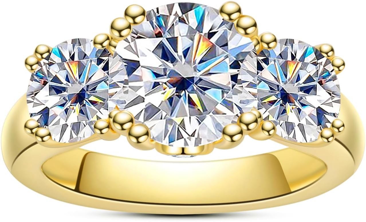 Idocare 3CT/5CT Moissanite Engagement 3 Stone Rings D Color VVS1 Round Cut 14K Yellow Gold Plated 925 Sterling Silver Promise Anniversary Rings for Women