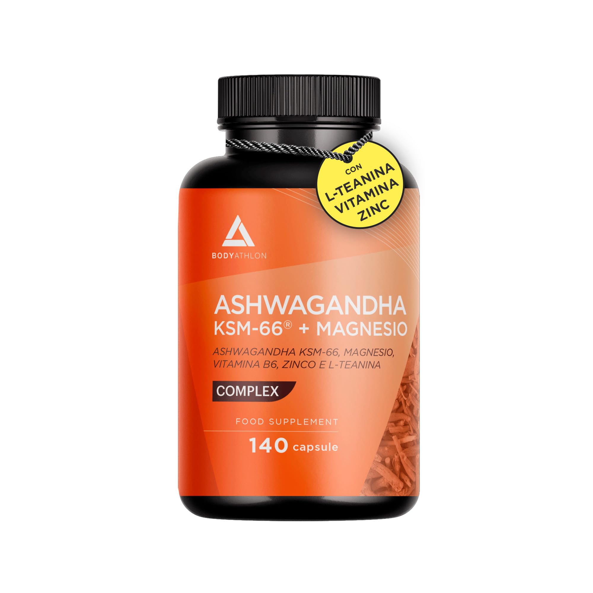 Ashwagandha KSM66 + Magnesio Bisglicinato + L-Teanina | Menos Estrés, Ansiedad| Más Descanso, Bienestar Mental y Físico |100% Raíz+ 5% Withanolidos+ Vitamina B6+ Zinc - Vegano- Sin Gluten| Bodyathlon