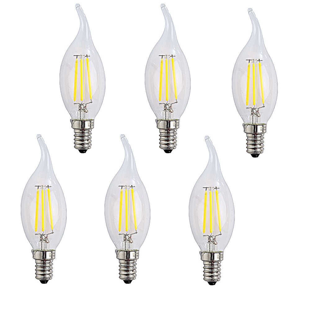 OUGEER 6 Pack E14 LED Filament Candle Bulb 4 W 6500 K Cool White AC 220-240 V, 400LM, Flame Tip Candle Lamp Edison LED C35 Candle Bulb 40 W Halogen Equivalent