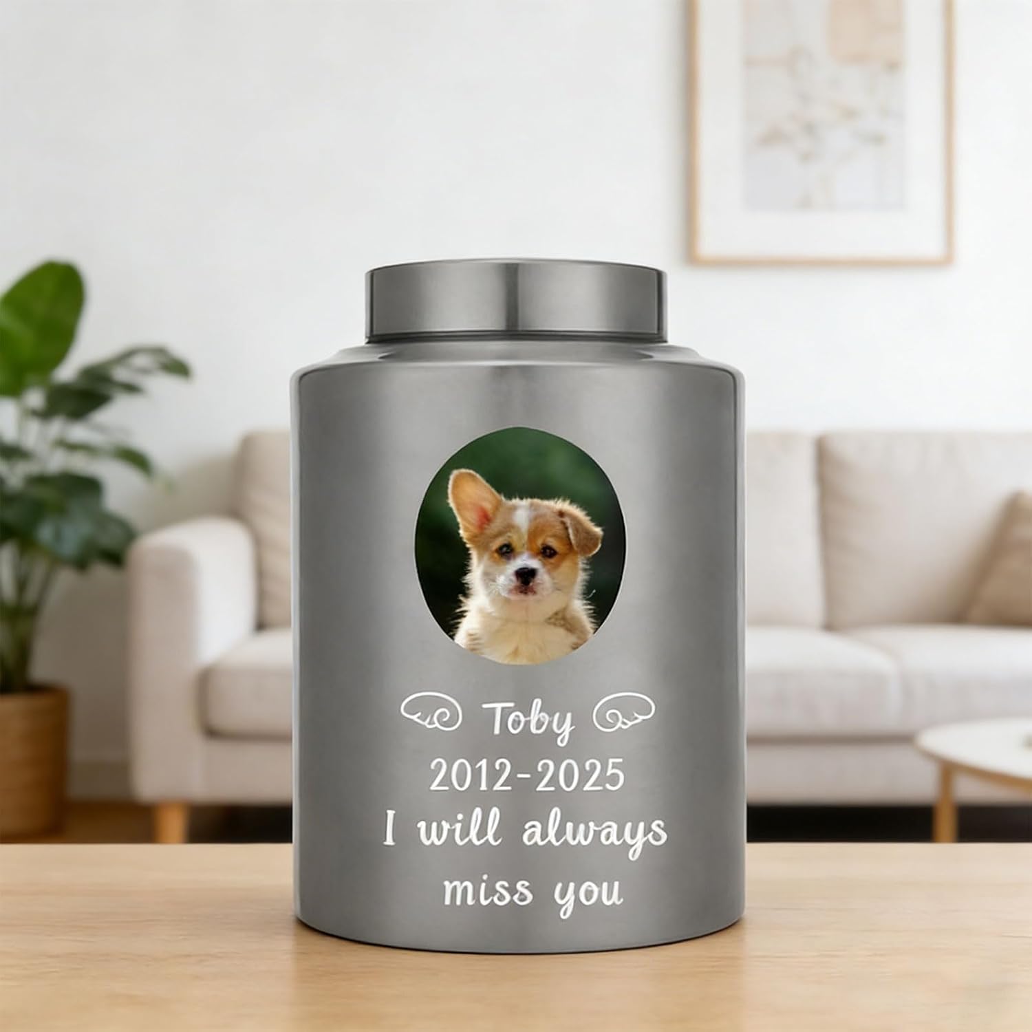 Personalized Pet Urn for Dogs and Cats, Premium Stainless Steel Custom Dog Ashes Urn with Engraving Photo, Name, Date, Keepsake Memorial Pet Urns for Cat Bird Fish (Gold (Cylindrical), Medium)