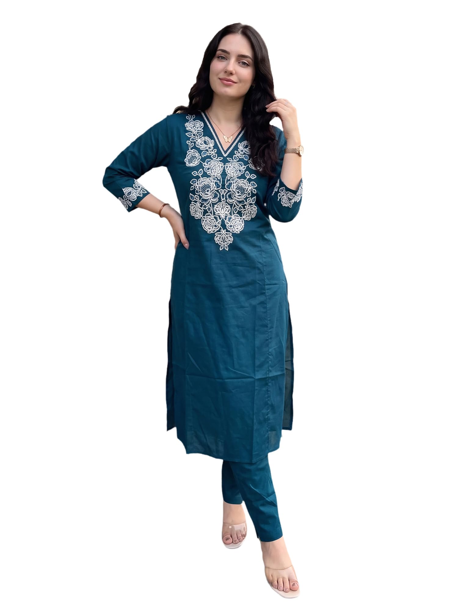 indo era Women's Pure Cotton Floral Embroidered Thread Work Kurta & Pant Set (IEAI13034)-picture-38
