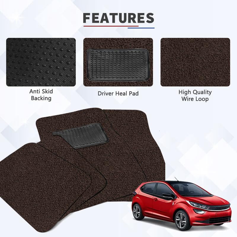 Image of Universal Fit Car Floor Mats, Anti-Skid Curly /Noodle Foot Mat, Vinyl Rubber Curly Grass Mats, Heal Pad, Dust & Liquid Trapping for Comfort, 5 Pcs Stylish Car Accessories Interior(Coffee)