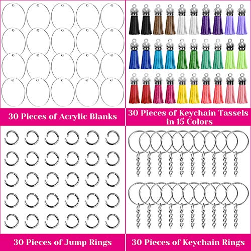 Audab 120pcs Acrylic Keychain Blanks for Vinyl Kit Including 30pcs Clear Acrylic Blanks, 30pcs Keychain Tassels, 30pcs Key Rings and 30pcs Jump Rings for DIY Key Chain Vinyl Crafting2