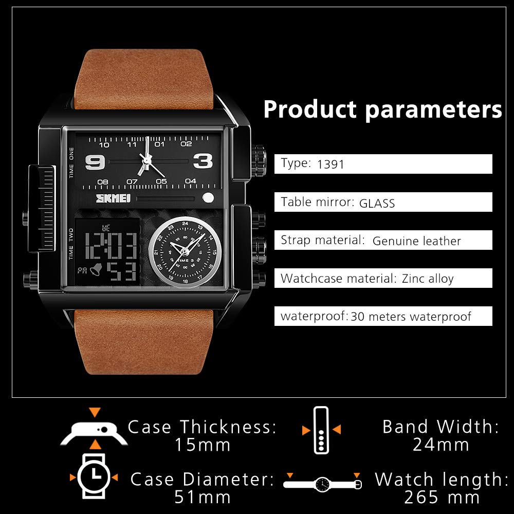 SKMEI Reloj deportivo digital para hombre, LED, cuadrado, esfera grande, analógico, de cuarzo, con cronómetro impermeable multizona horaria, Negro Marrón, Digital