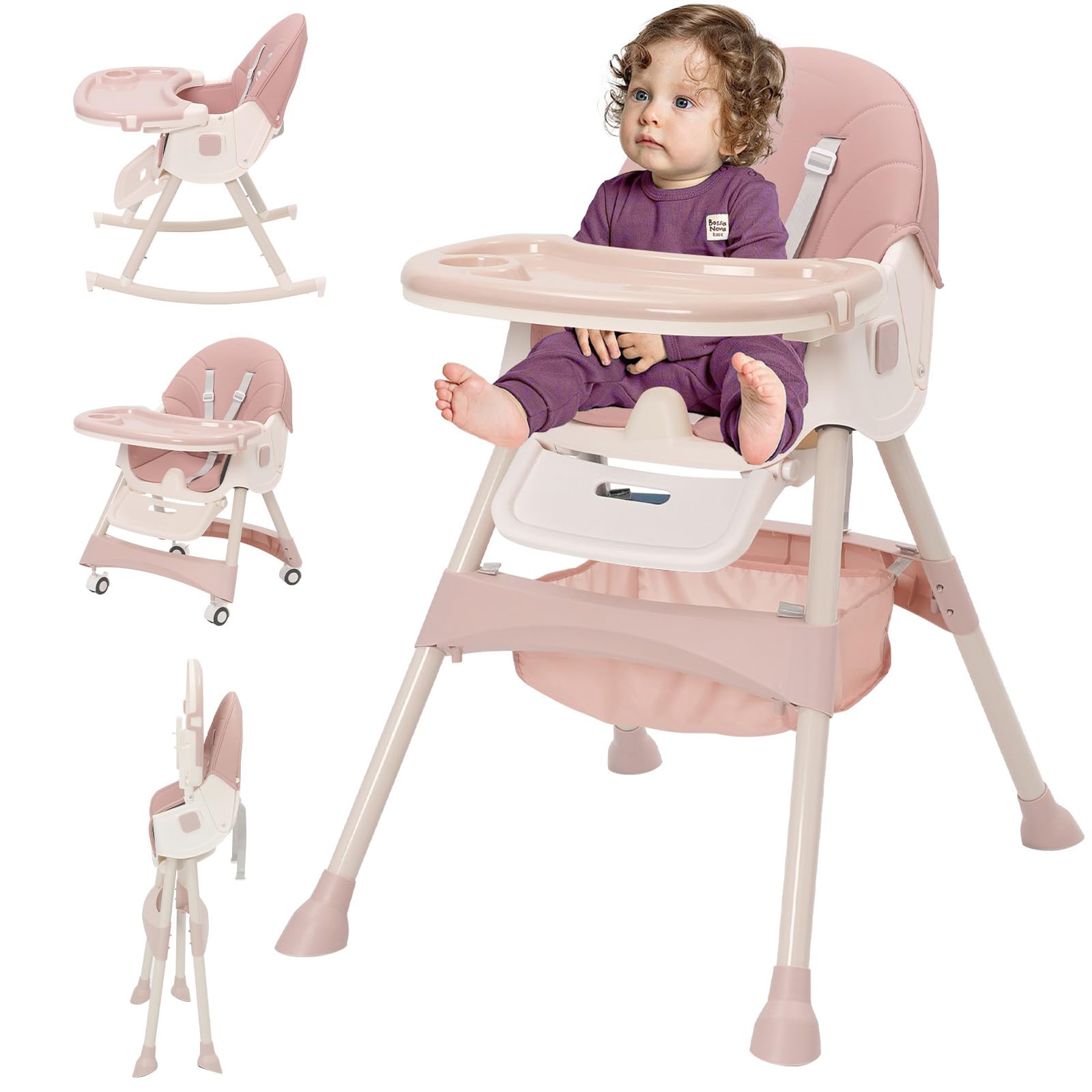 Trona Bebé Evolutiva 3 en 1, Plegable, Reclinable, Doble Bandeja Desmontable, con Ruedas Universales, 3 Respaldos Ajustables y Cinturón de Seguridad de 5 Puntos, Para Bebés a partir de 6 Meses, Rosa