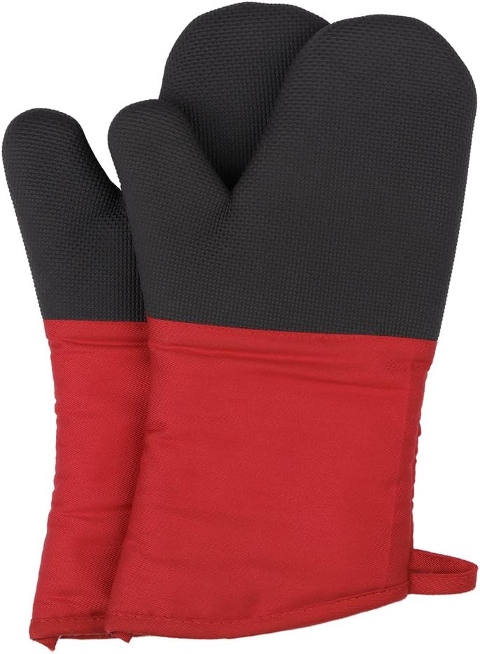 QFUNACCESS Heat Resistant Gloves - Non-Slip Grip Pot Holders for Kitchen Cooking Baking, Up to 450 F Heat Resistant, Heavy Duty Oven Mitts - 1 Pair (Red)