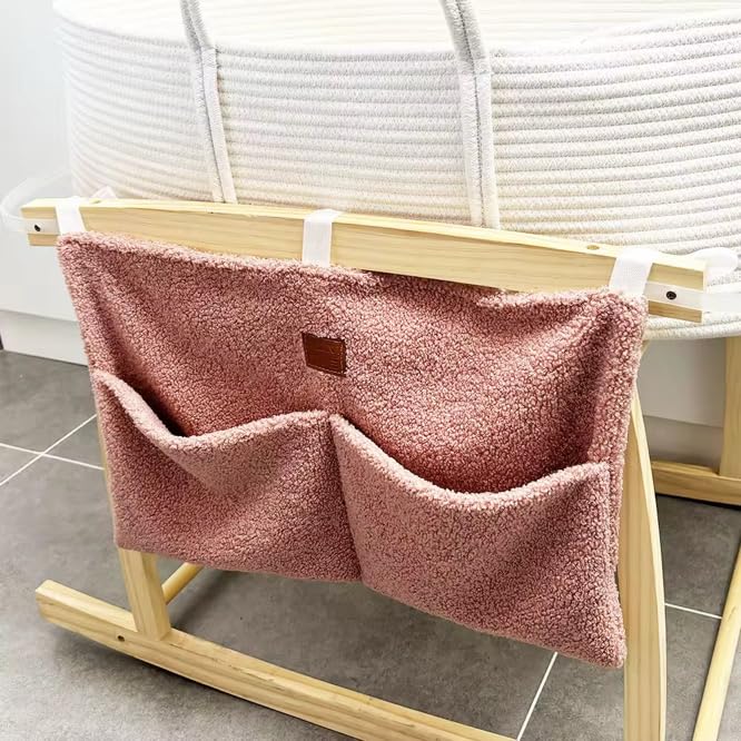 Adm&Eve Bedside Diaper Caddy - Teddy Material With 2 Compartments for Baby Carrier, Crib, Stroller & Changing Table, Hanging Storage Organizer (Dust PINK)