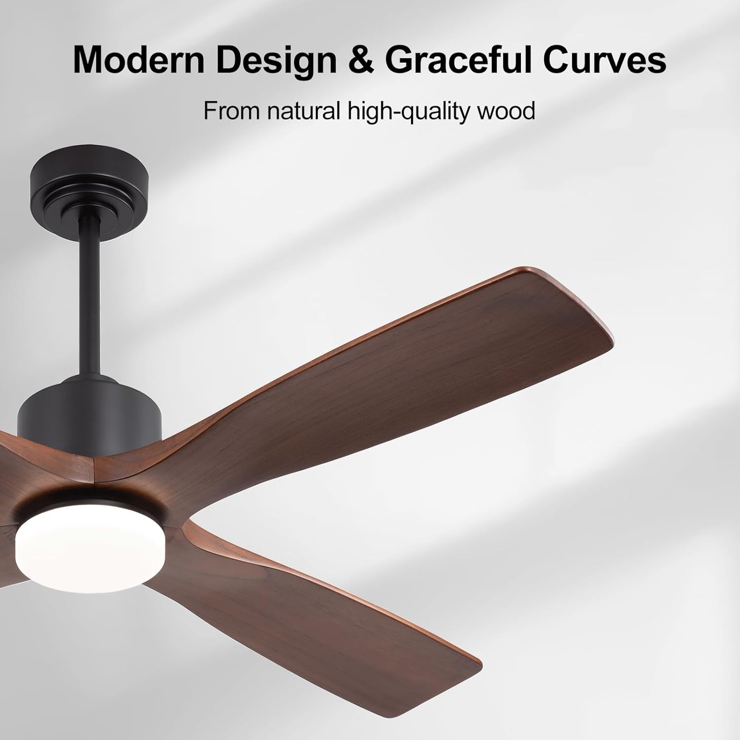 LEDLUX 54" Ceiling Fans with Lights -Modern Ceiling Fan with Light, 6-Speed Remote, 4 Solid Wood Blades, Quiet DC Motor, for Bedroom, Living Room, Outdoor, Black with Walnut