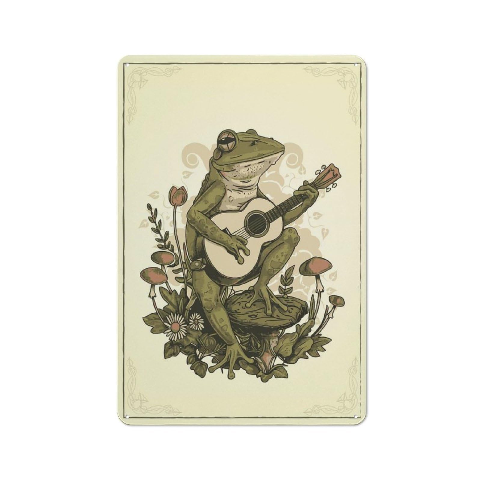 Junmoney Style-23 Cottagecore Frog Ukelele Rustic Tin Sign 30X20cm For Pub Or Café, For Collectors Building A Themed Wall Display