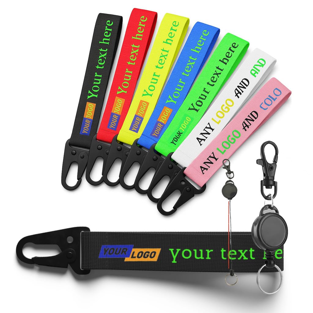 GIRLSIGHT Personalised Fabric Keyring with Logo and Text - 8 Vibrant Colours, Sturdy Carabiner for Keys, Bags, Gifts or Personalized Accessories, white, 15.0 Centimeters X 2.5 Centimeters black