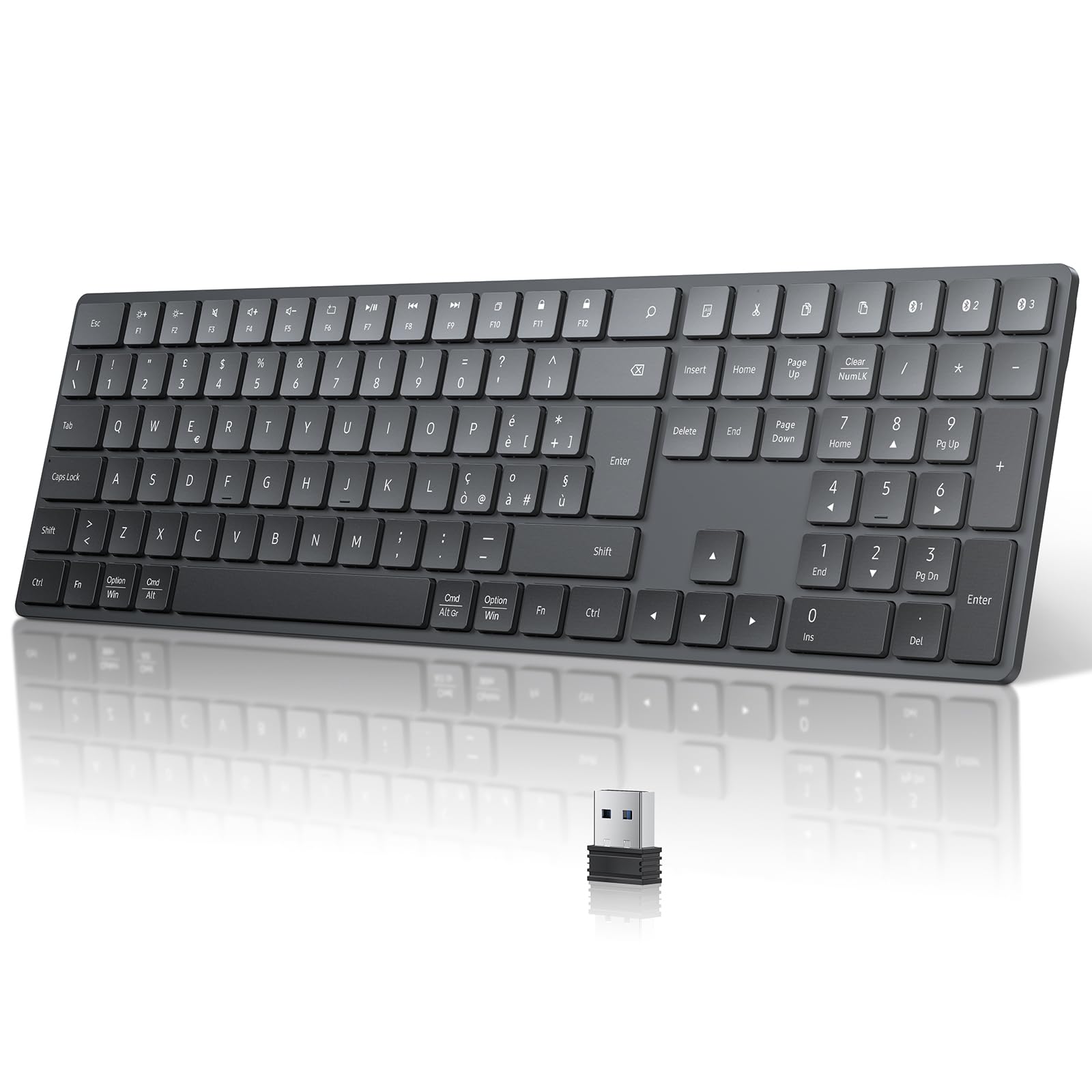 TECURS Tastiera Wireless Bluetooth, Tastiera Senza Fili Full-Size, Tastiera da Ufficio Multi-Dispositivo con 3 Canali Bluetooth per PC Computer Windows Mac, Tastiera Layout Italiano QWERTY, Nero
