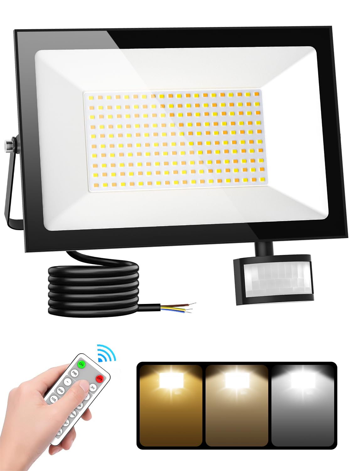 150W Foco LED Exterior con Sensor Movimiento,3000K/4500K/6500K Focos con Control Remoto,10000LM Proyector LED,IP66 Impermeable Luz Exterior para Jardín Garaje Patio Terraza